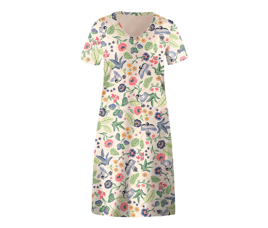Béžová noční košile s krátkým rukávem, květinami a ptáky.