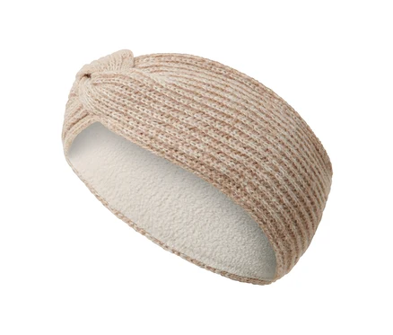 Pletená čelenka, písková, na bílém pozadí.