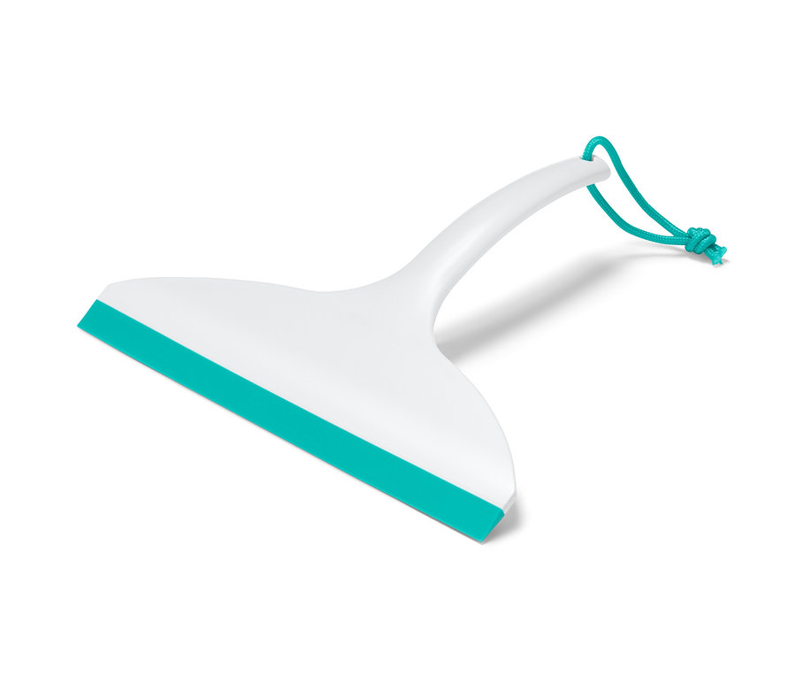 Bílá koupelnová stěrka s tyrkysovou gumovou lištou a šňůrkou.