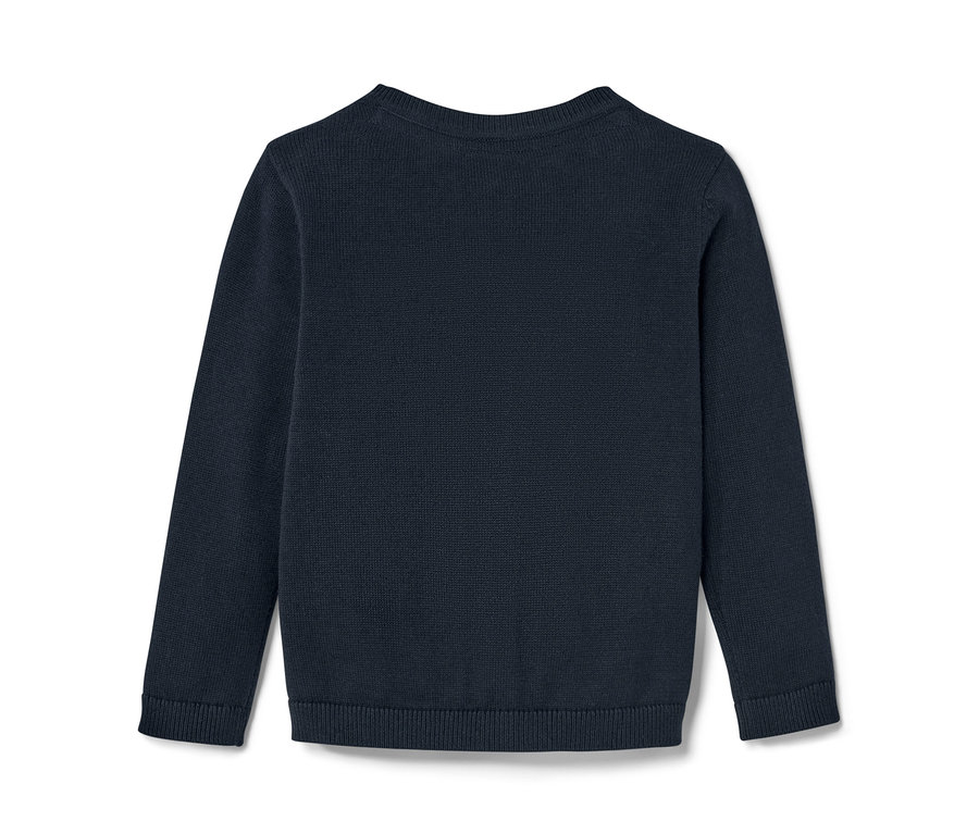 Tmavě modrý dětský pletený svetr na bílém pozadí.