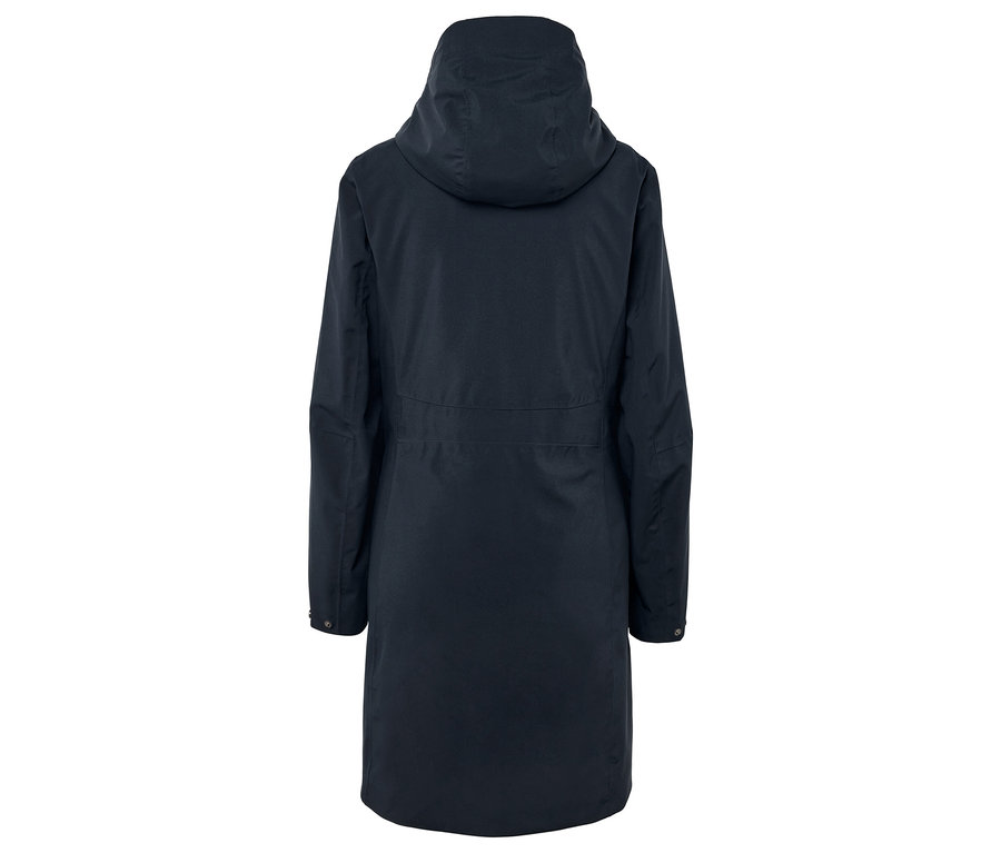 Tmavě modrý kabát s kapucí zezadu.