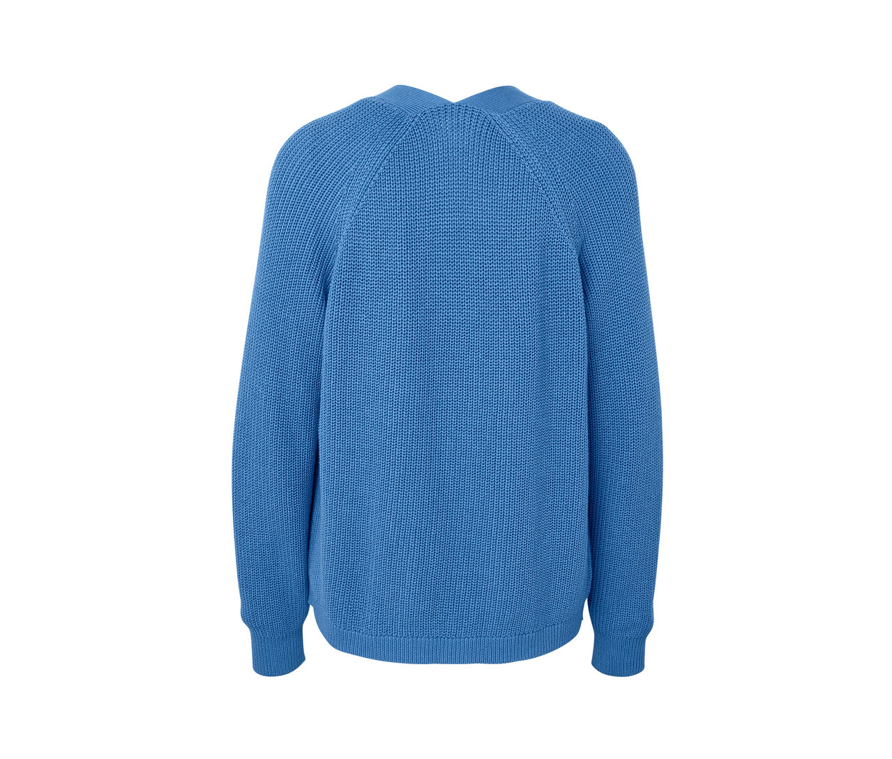 Modrý otevřený kardigan zezadu.