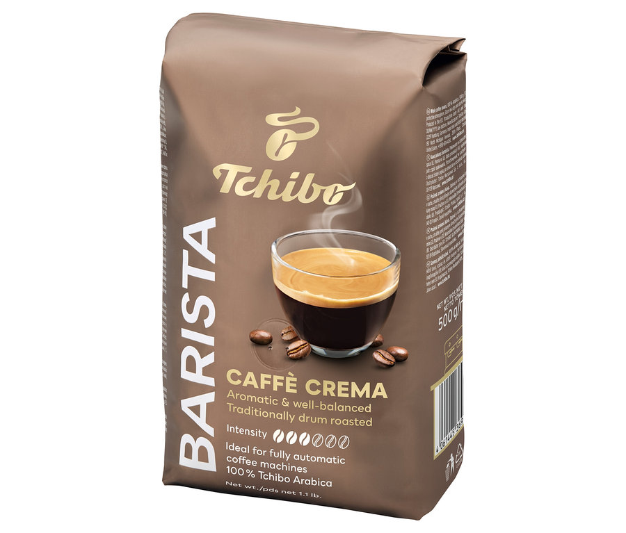 Balení zrnkové kávy Barista Caffè Crema 500 g od Tchibo. 