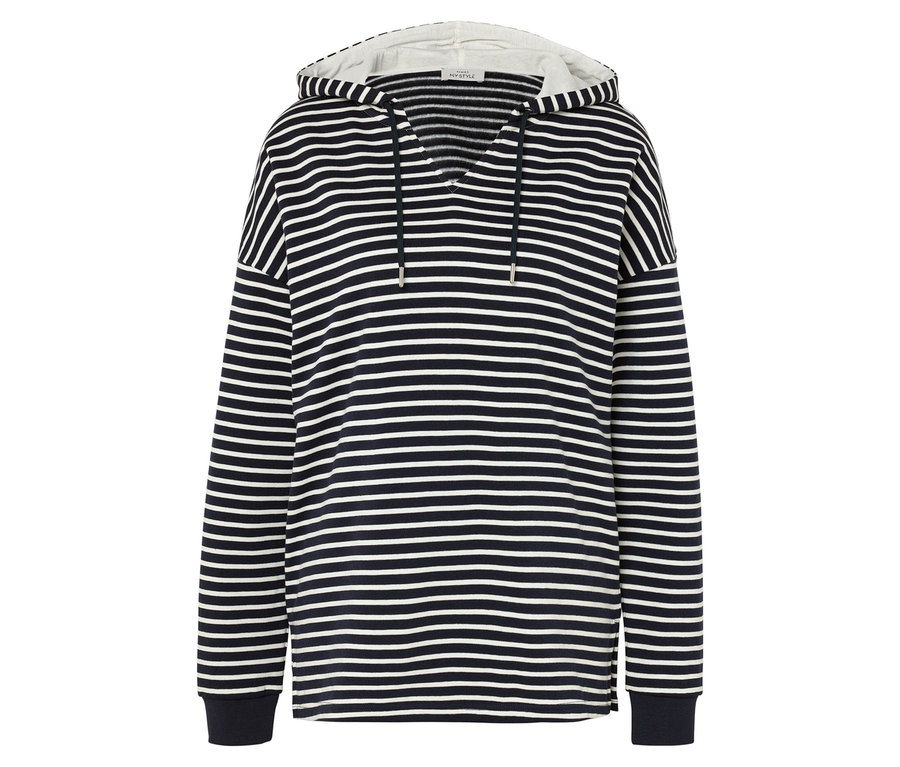 Pruhovaná mikina s kapucí v námořnické modré a bílé barvě.