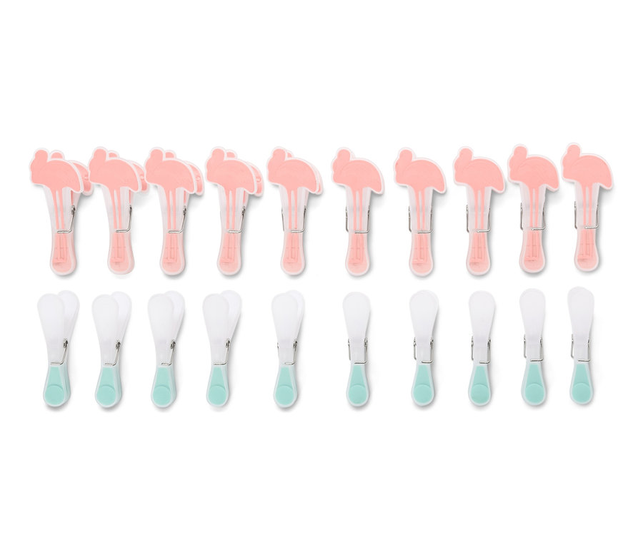 Dva řady kolíčků na prádlo, 20 ks. Horní řada růžová s plameňáky, spodní řada bílá s tyrkysovou.