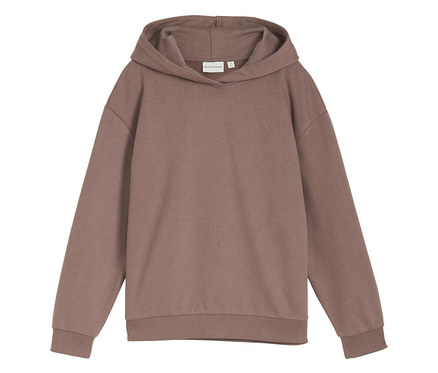 Na fotce je hnědá dětská mikina oversized s kapucí a potiskem na zádech Tom Tailor.