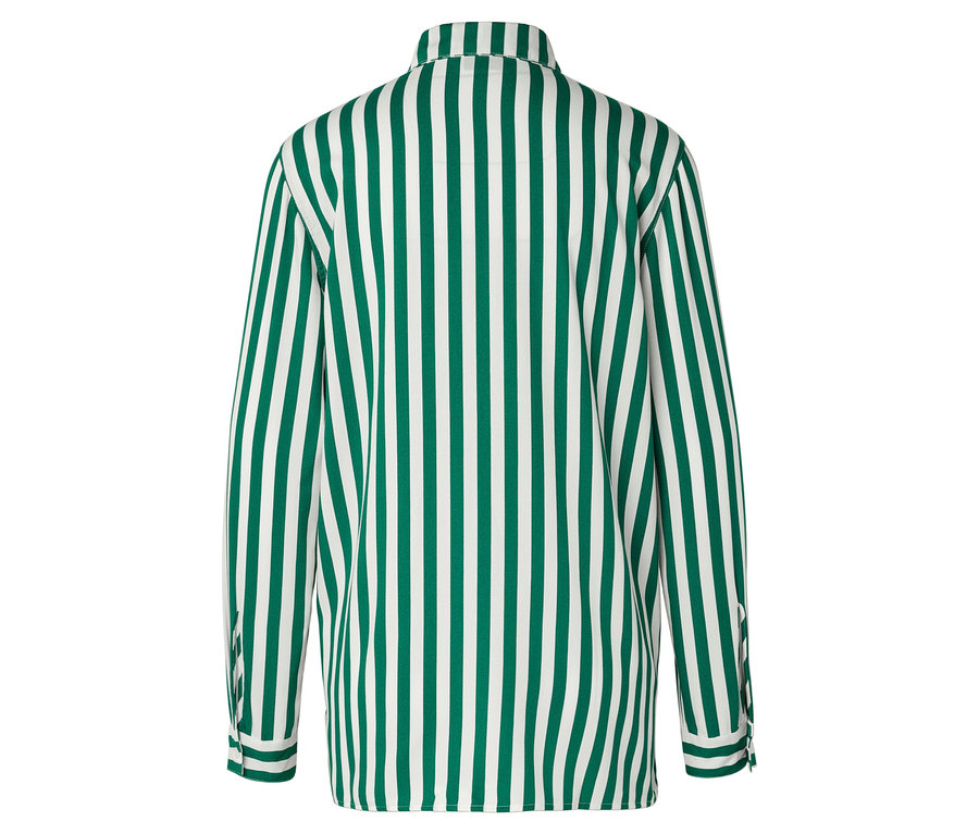 Pohled zezadu na košili s dlouhým rukávem se zelenými a bílými pruhy.