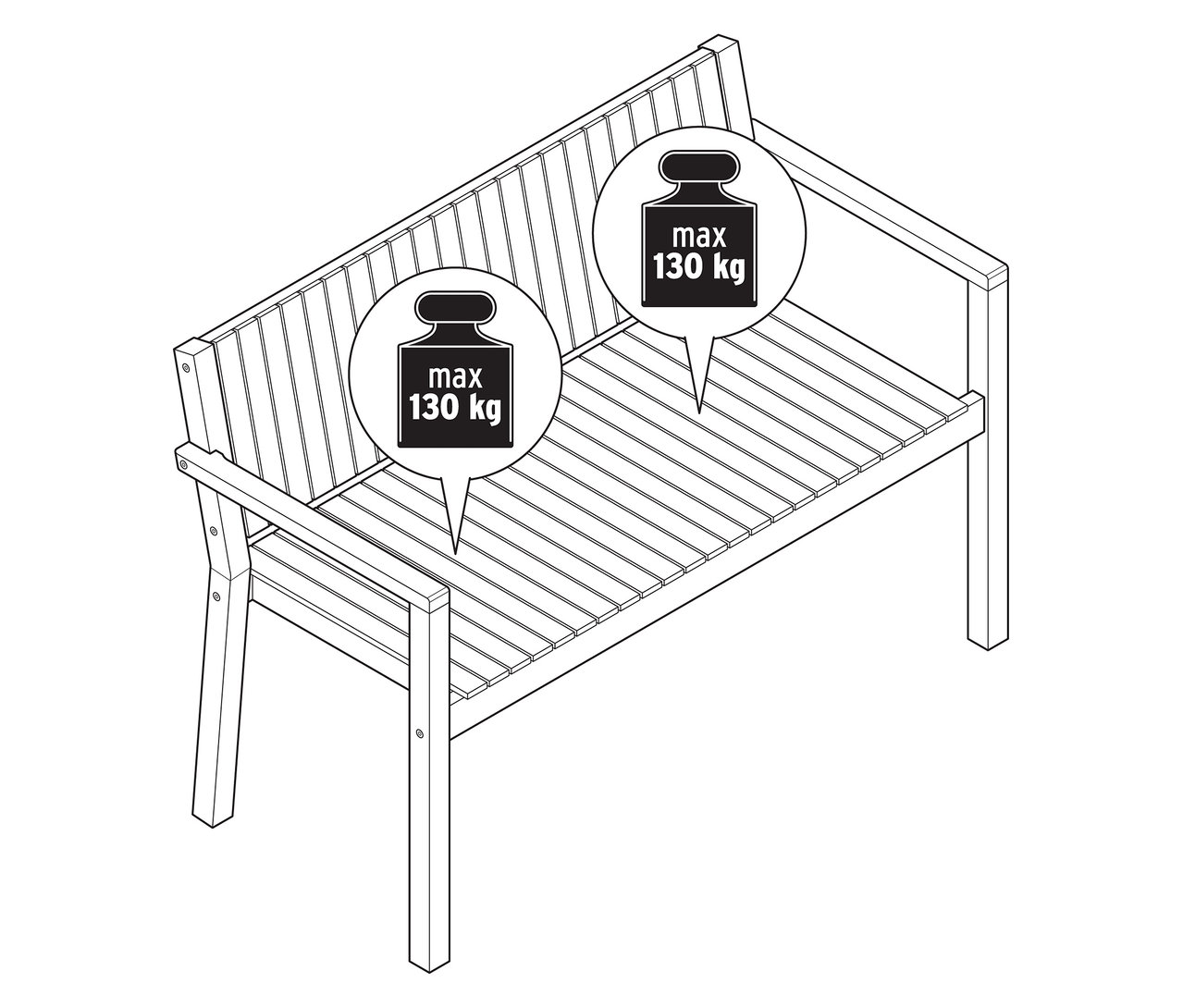 Pohled shora na zahradní lavici, cca 120 cm, s pokyny pro maximální hmotnost.