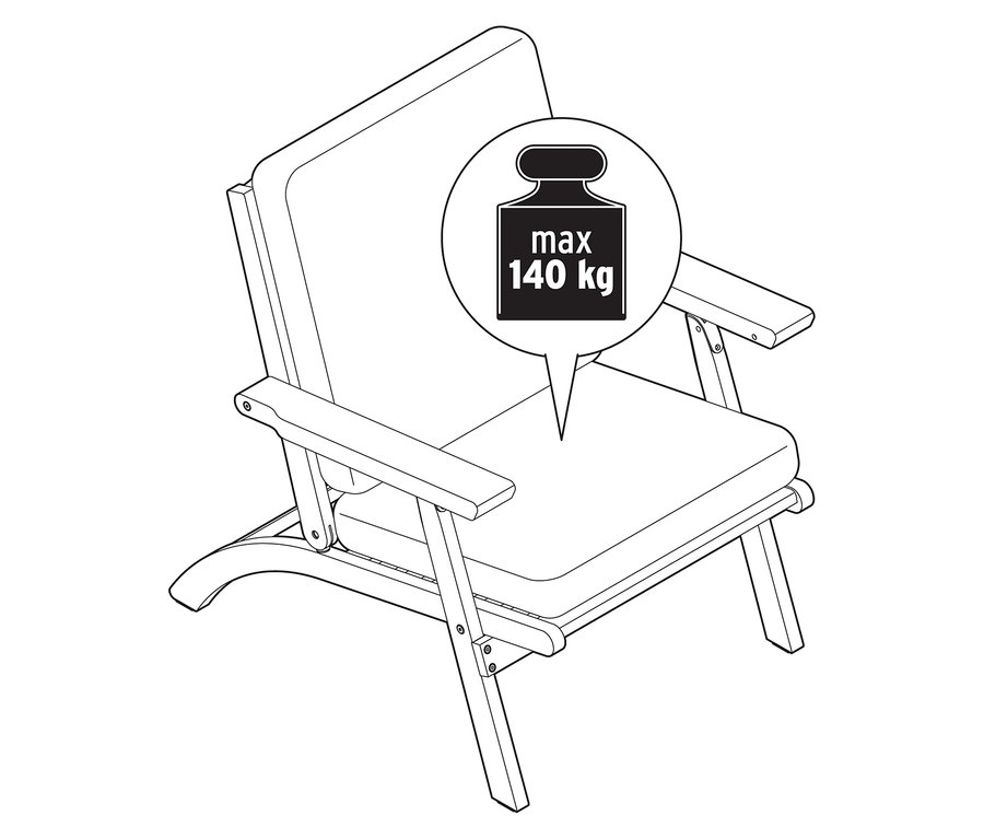 Ilustrace skládacího zahradního křesla s prémiovými polštáři, které je součástí 4dílné sady, s maximální nosností 140 kg.