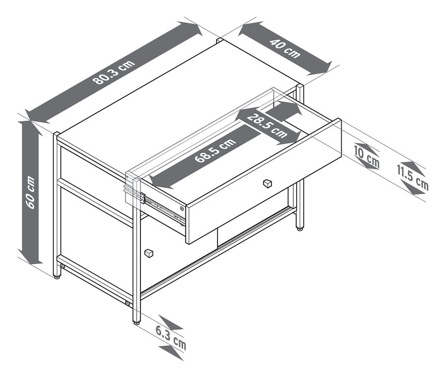 Pohled shora na komodu »GRADE« se zásuvkou a posuvnými dveřmi, s rozměry.