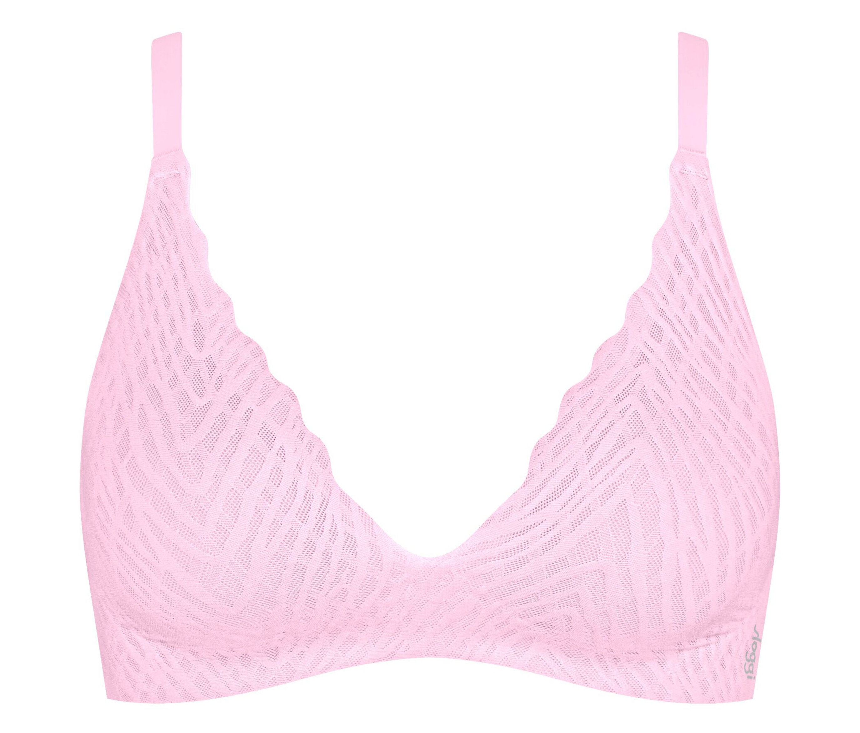 Růžová podprsenka se vzorem na bílém pozadí.