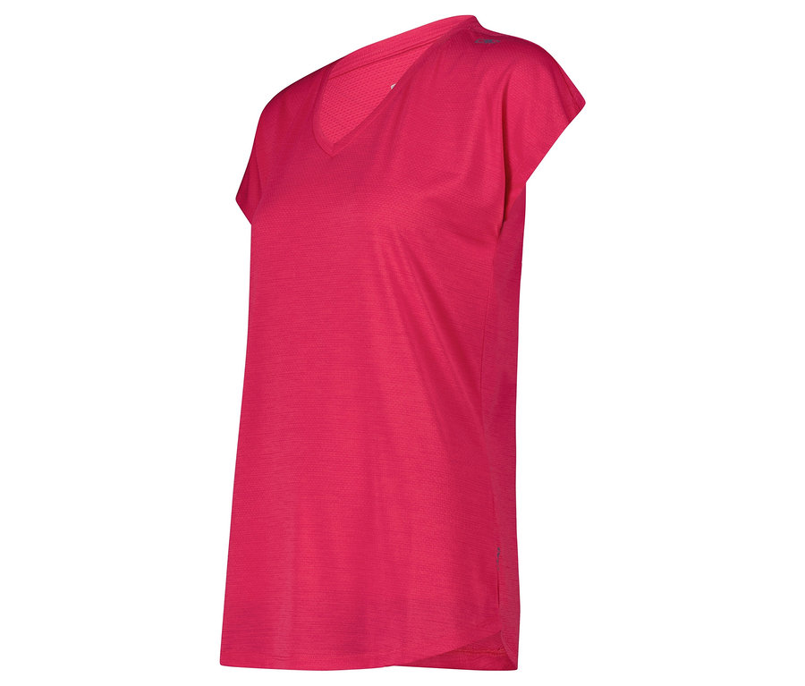 Růžový sportovní top s krátkým rukávem a véčkovým výstřihem.