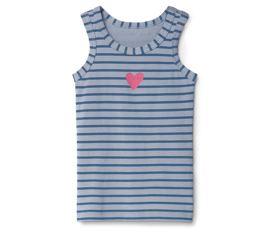 Modře pruhované tílko s růžovým srdcem na hrudi.