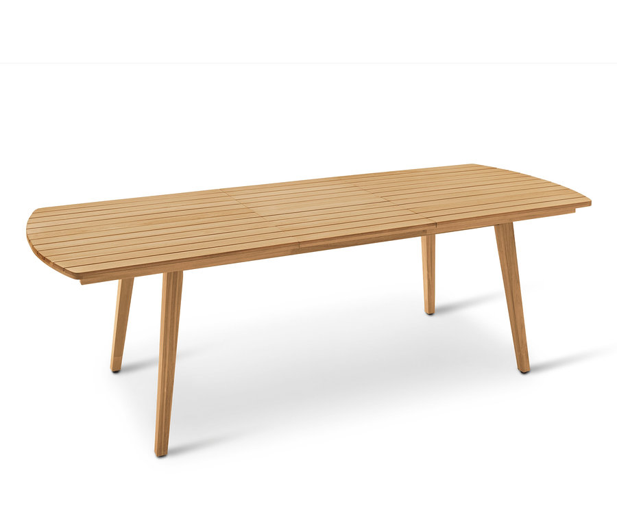 Rozložený obdélníkový dřevěný stůl se zaoblenými konci a čtyřmi kuželovitými nohami.