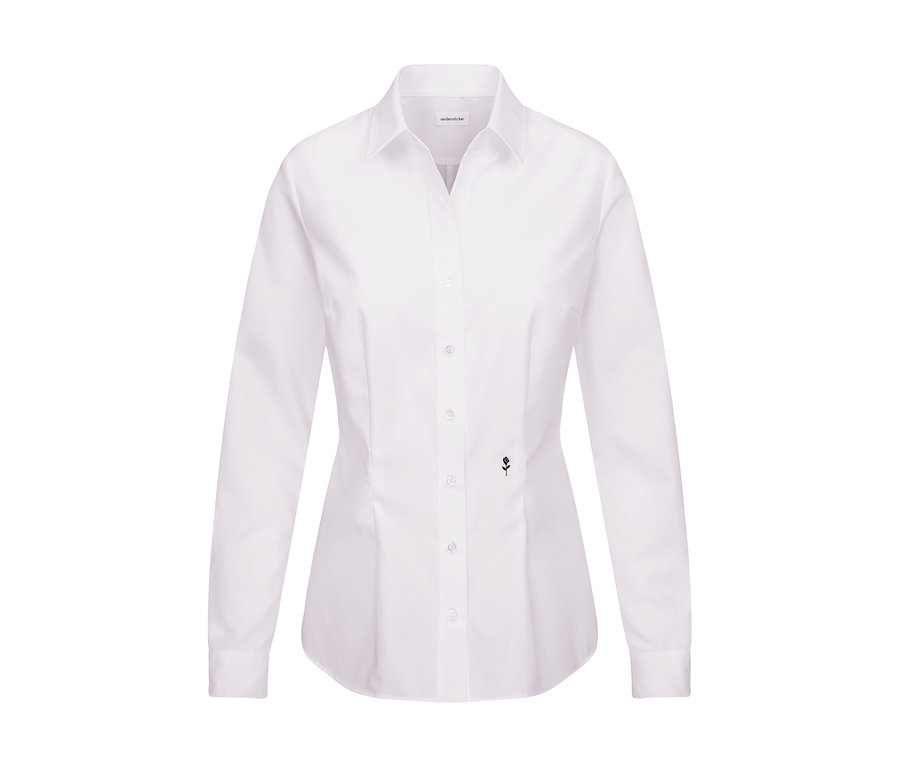 Bílá halenka slim fit non iron Seidensticker s dlouhými rukávy, límečkem, knoflíky a malým černým logem růže.