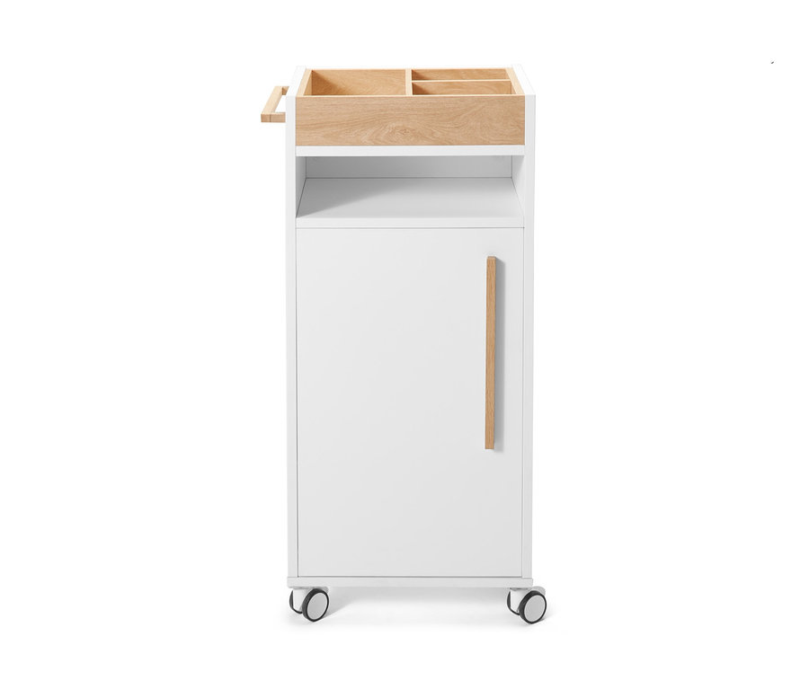 Bílý koupelnový odkládací vozík »Eklund« s dřevěným šuplíkem a dvířky.