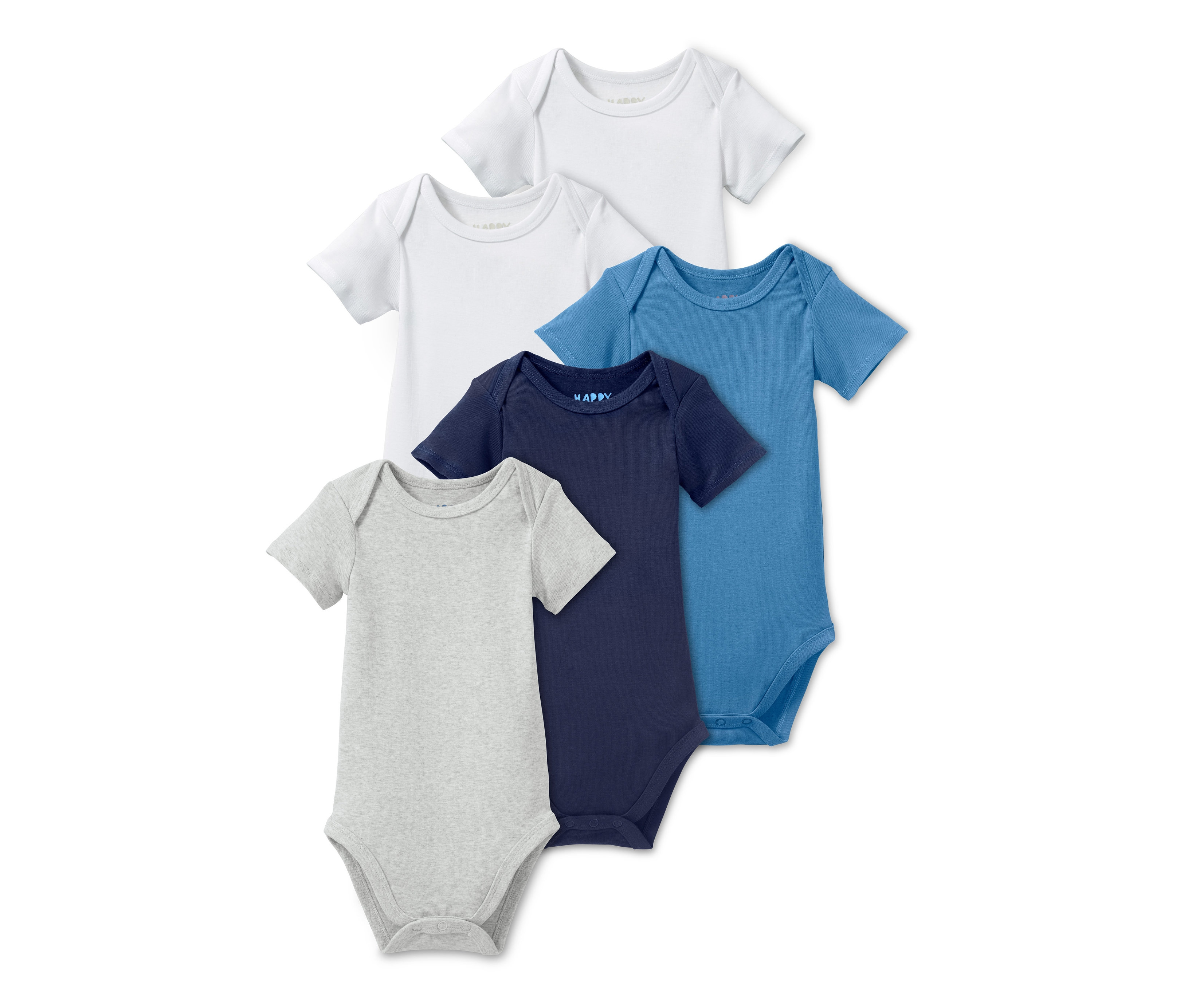 Pětice dětských body s krátkým rukávem v šedé, tmavě modré, modré a bílé barvě.