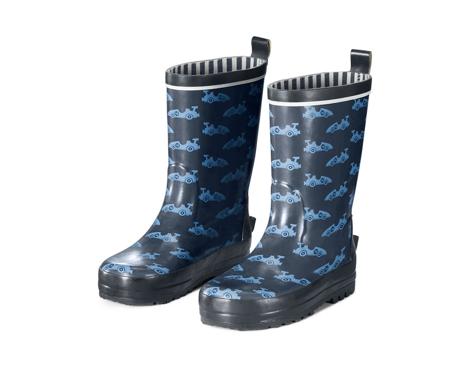 Dětské holínky do deště s modrým potiskem autíček.