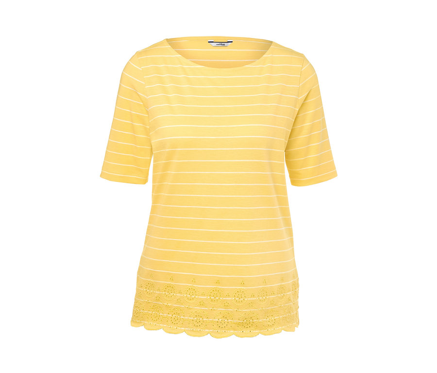 Žluté pruhované triko s polodlouhým rukávem a ažurovou výšivkou.