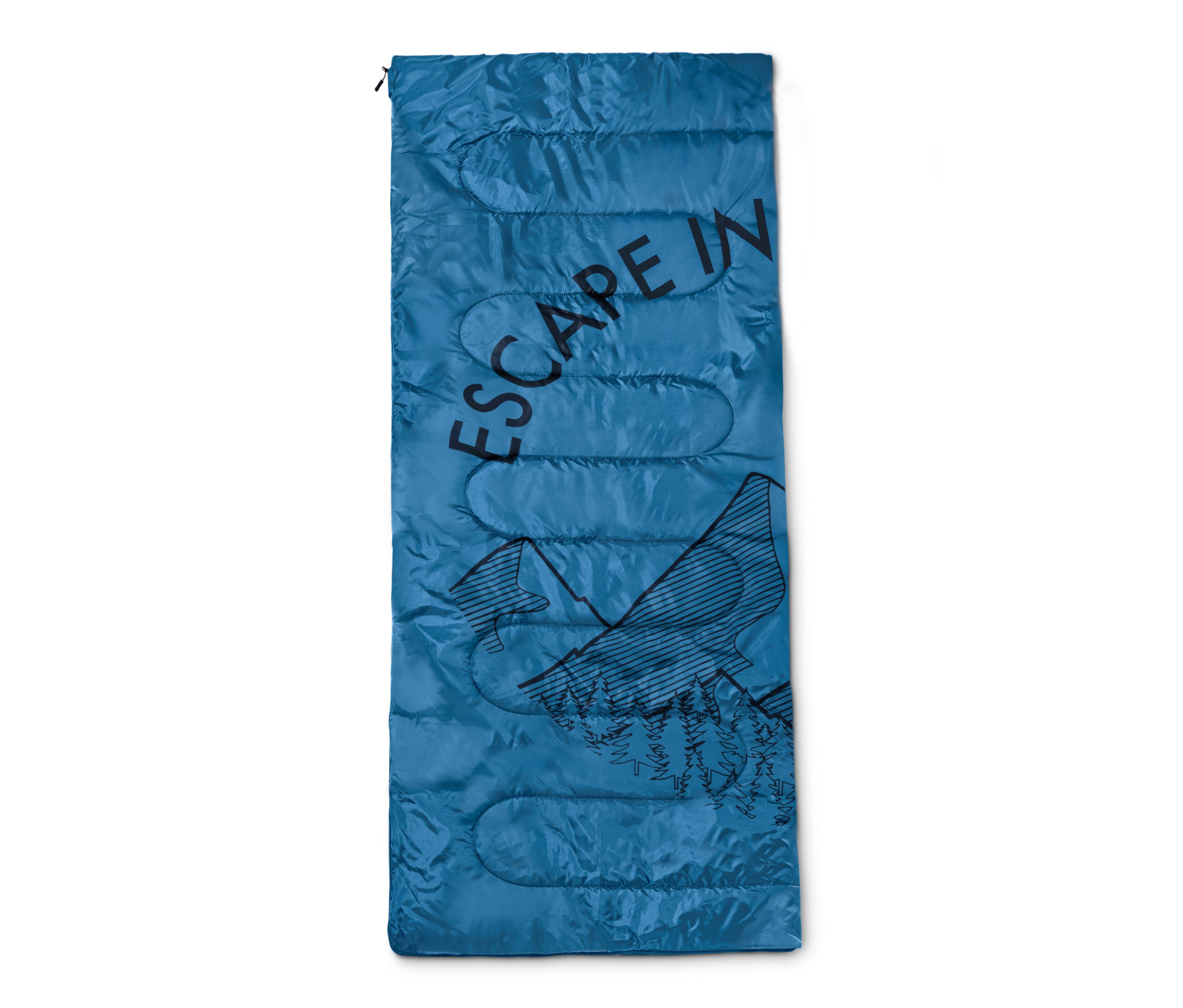 Modrý dekový spací pytel 4 v 1 s grafikou hor a stromů.