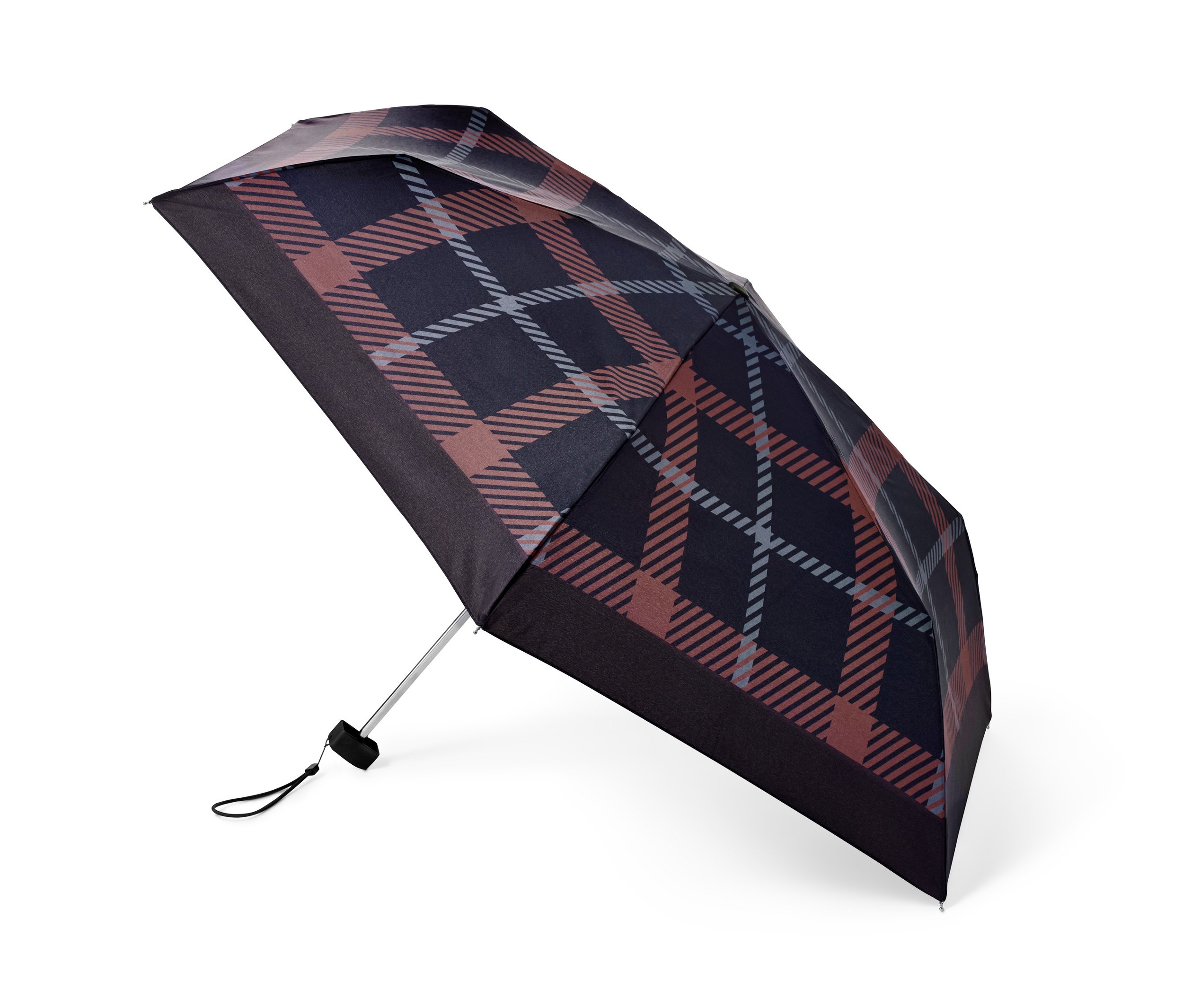 Rozložený skládací deštník s kostkovaným vzorem.