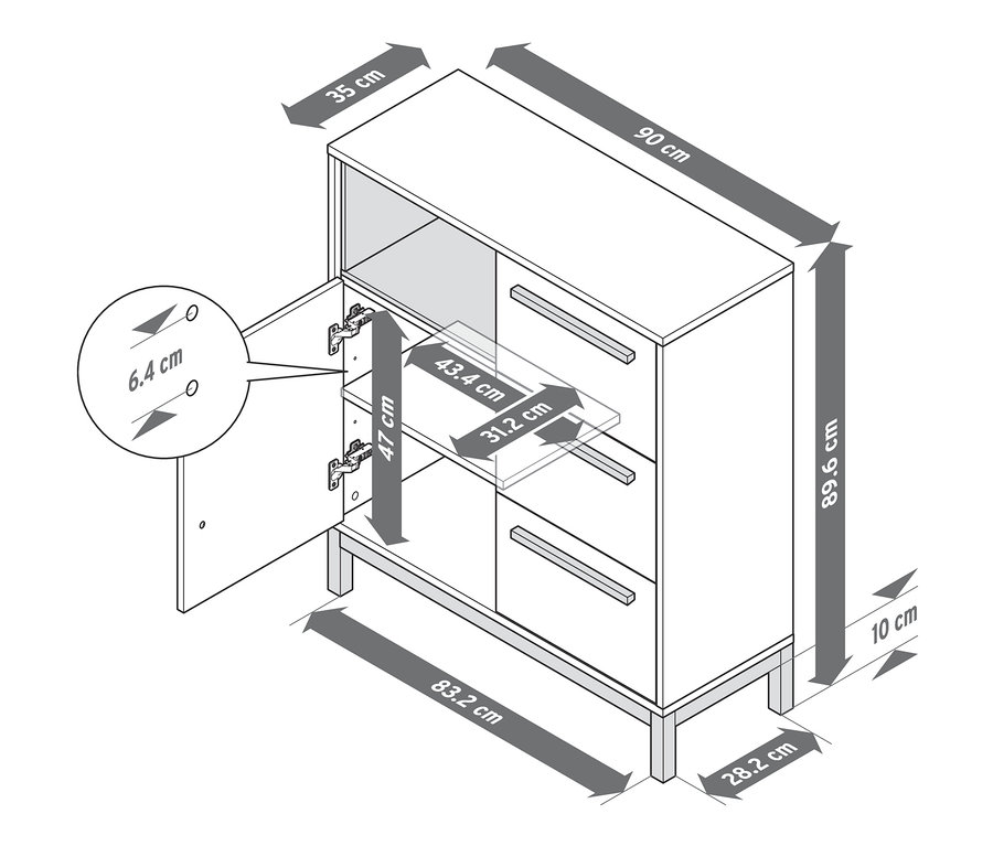 Rozměry koupelnové skříňky Eklund s otevřenými dvířky.