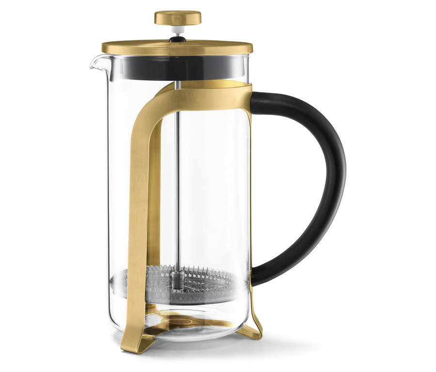 Zlatá konvička french press o objemu 800 ml na 6 šálků s černou rukojetí na bílém pozadí.
