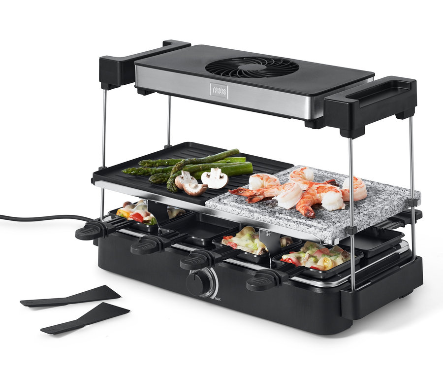 Raclette gril Trebs s odsáváním a kamennou deskou s krevetami, chřestem a žampiony.