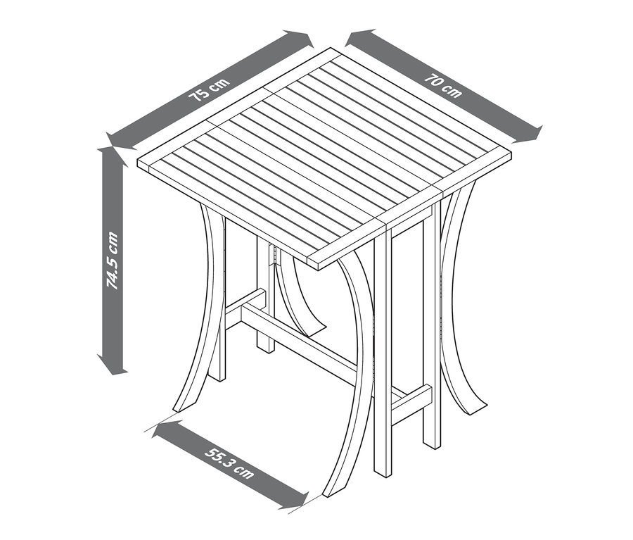 Nákres skládacího balkónového stolu Lenja se zobrazenými rozměry.