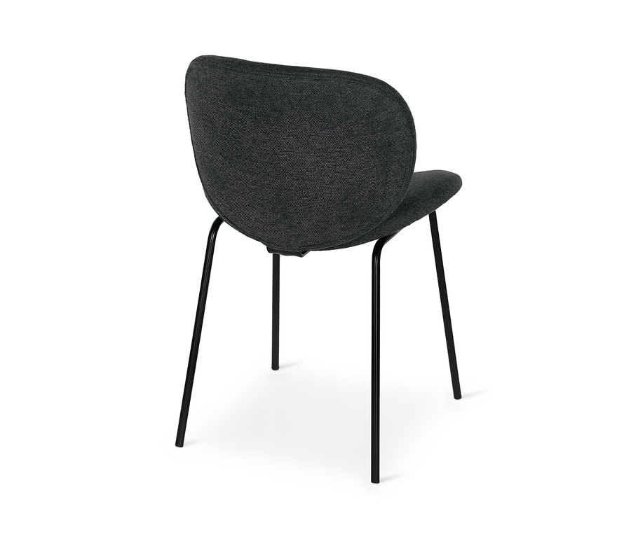 Tmavě šedá polstrovaná designová židle zezadu.