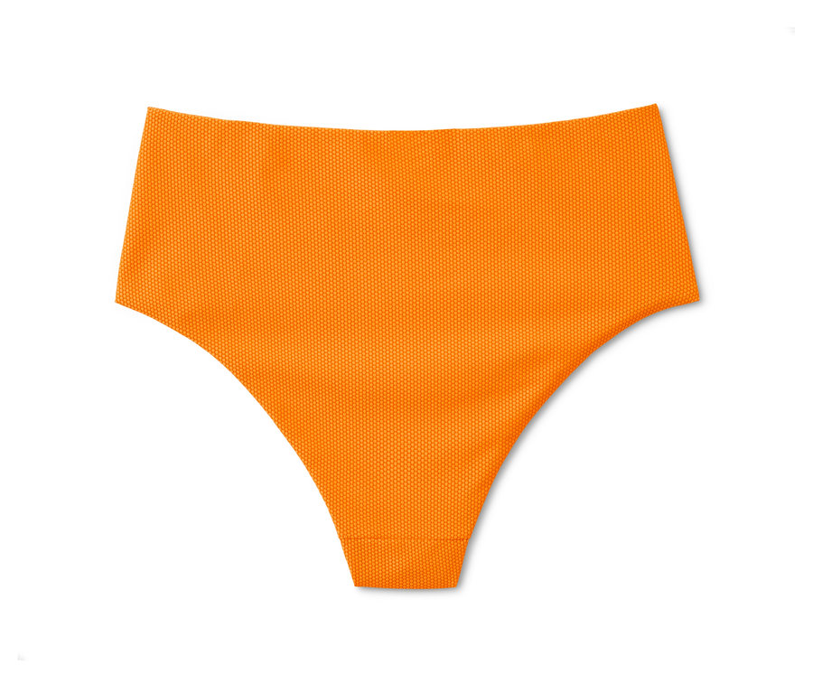 Oranžové kalhotky od bikin se strukturovaným povrchem.