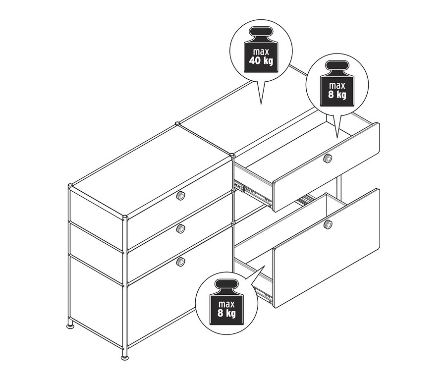 Nákres kovové komody »CN3« se 6 zásuvkami, dvě jsou otevřené.