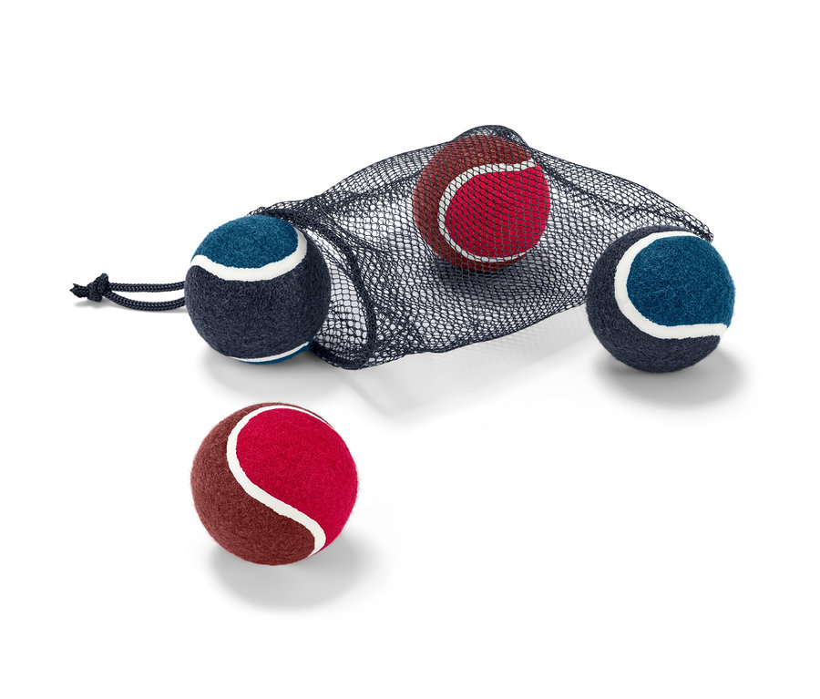 Čtyři míčky na hraní pro psy jsou částečně v černé síťované tašce.