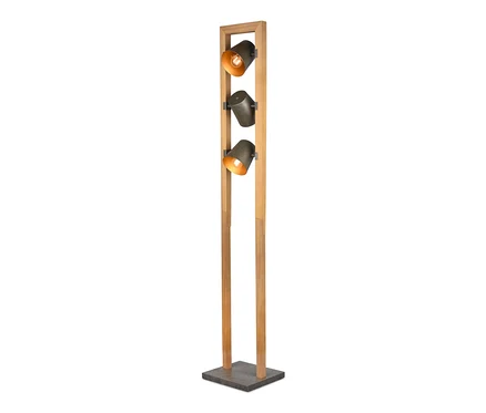 Tříramenná stojací lampa Bell s dřevěným rámem a černými stínidly se zlatavým vnitřkem.