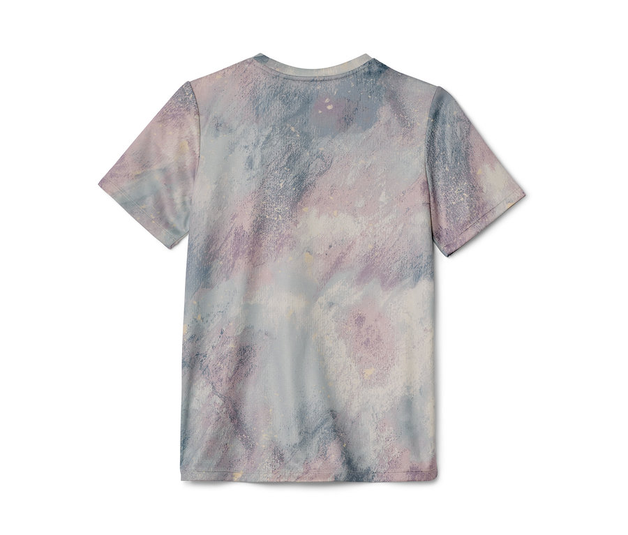 Pohled zezadu na dětské sportovní tričko ze sady 2 ks s abstraktním potiskem v odstínech fialové a modré.