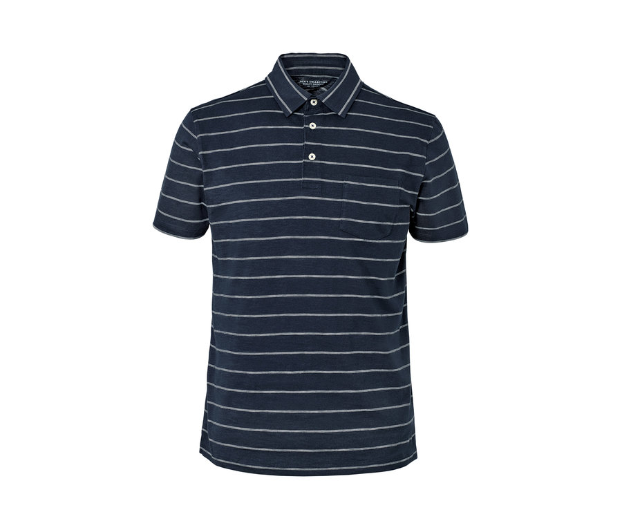 Námořnická modrá žerzejová polokošile s krátkým rukávem a vodorovnými proužky.