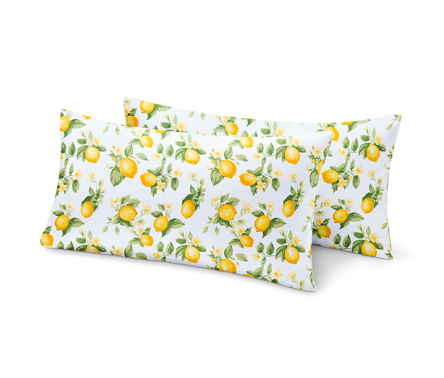 Dva žerzejové povlaky na polštáře s potiskem citronů.