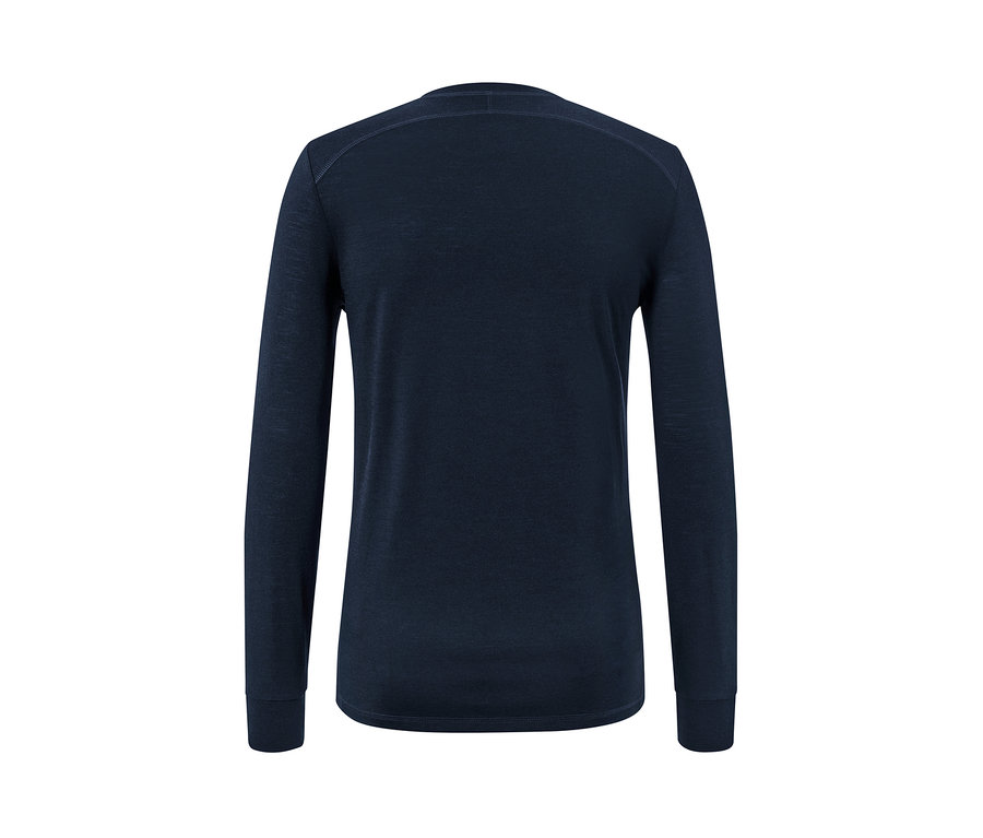 Tmavě modré triko s dlouhým rukávem s vlnou s certifikací RWS, pohled zezadu.