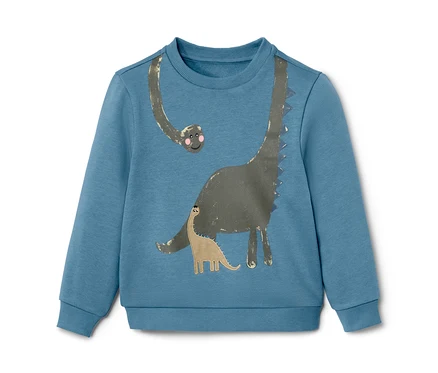 Modrá dětská mikina s aplikací dinosaura.