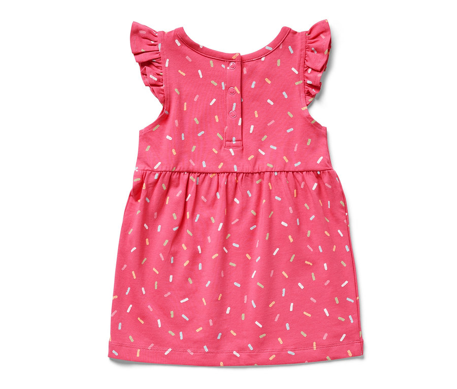 Růžové dívčí žerzejové šaty s volánovými rukávy a potiskem.