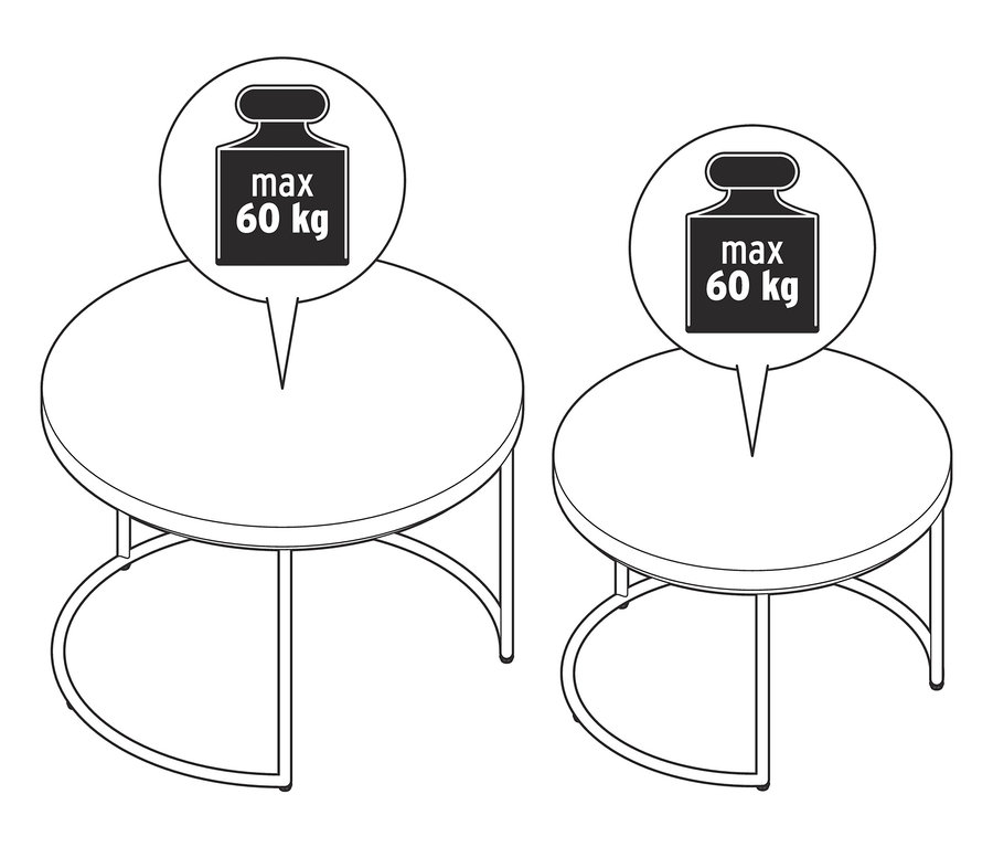 Dva konferenční stolky s kulatou betonovou deskou a kovovými nohami. Maximální nosnost 60 kg.