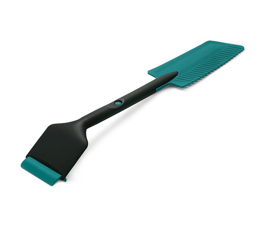 Černo-tyrkysová škrabka na led se smetáčkem na sníh do auta 3 v 1 na bílém pozadí.