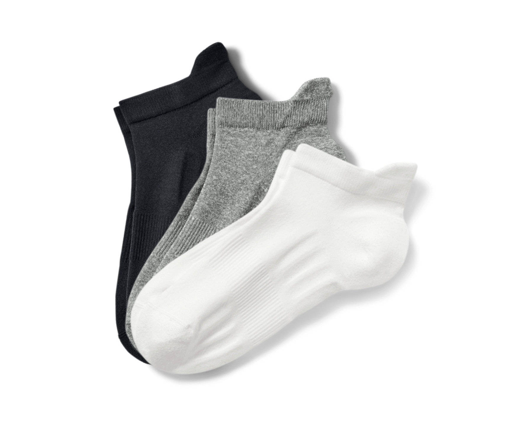 Tři páry unisexových profesionálních běžeckých ponožek černé, bílé a šedé barvy.