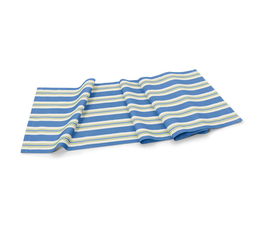 Proužkovaný bavlněný běhoun na stůl v modré, krémové a zelené barvě.