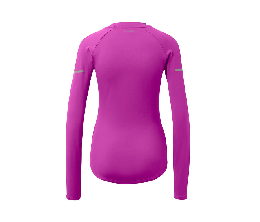 Detailní záběr neonového bobulového funkčního trika s dlouhým rukávem zezadu.