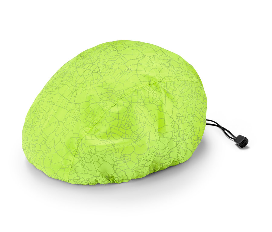 Neonově zelený potah na cyklistickou přilbu s šedým geometrickým vzorem a stahovací šňůrkou.