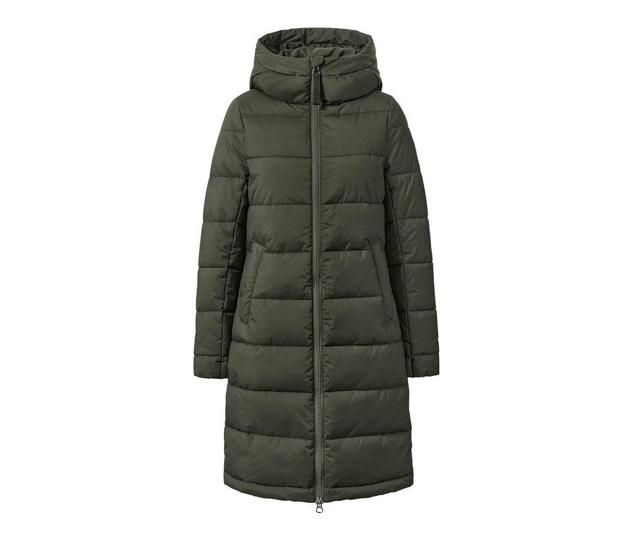 Khaki prošívaný kabát s kapucí a zipem.