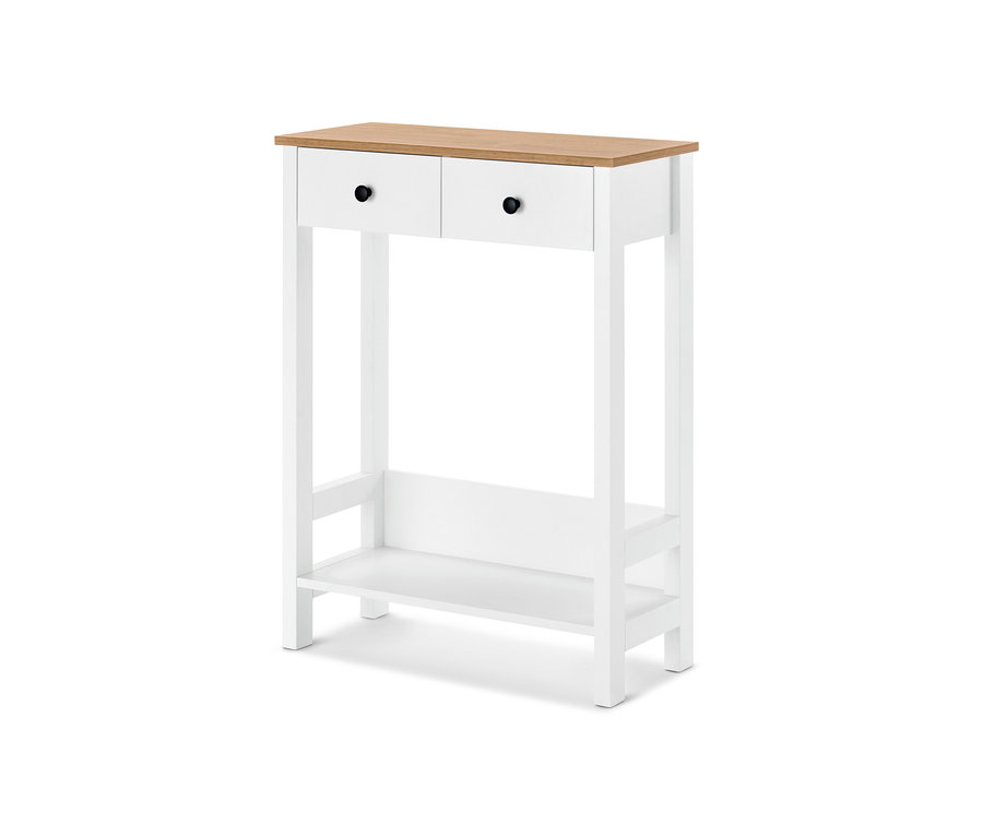 Konzolová skříňka se 2 zásuvkami s dřevěnou deskou a bílým rámem.