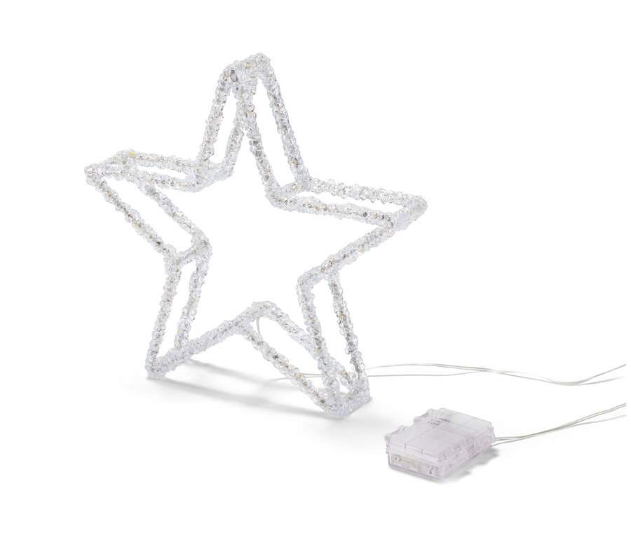 Dekorační hvězda s LED světlem stojí na bílém pozadí.