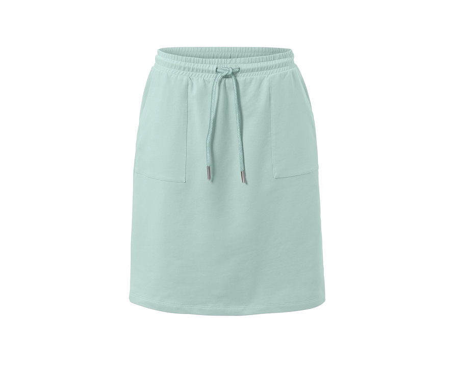 Mátově zelená sukně z teplákoviny se stahovací šňůrkou.